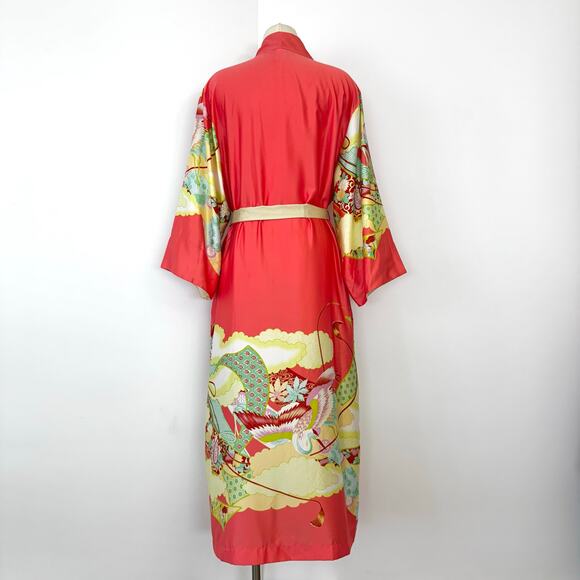 Natori Satin Belted Robe Kimono Maxi Length Coral Print XL - Picture 8 of 12